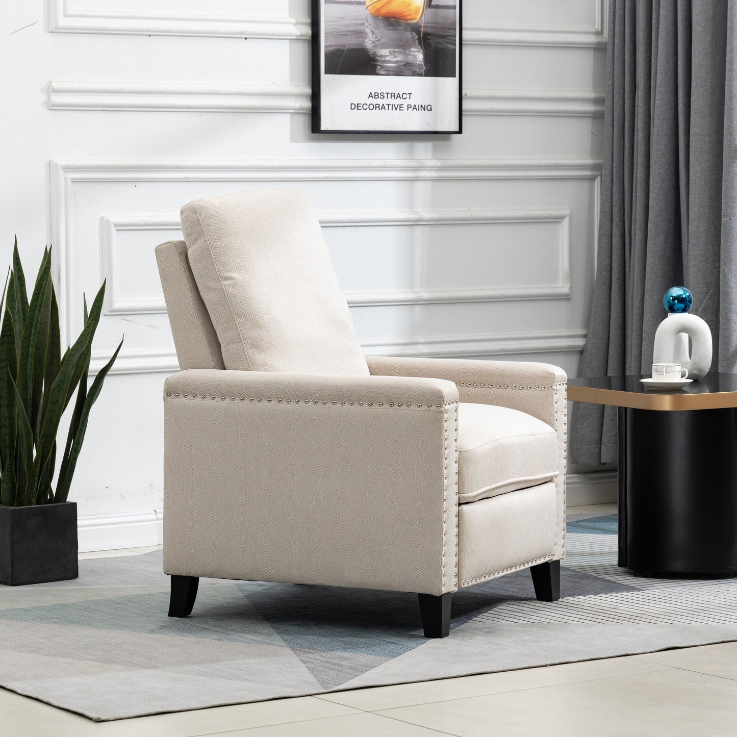 Fauteuil inclinable manuel moderne en velours avec coussins et décoration cloutée
