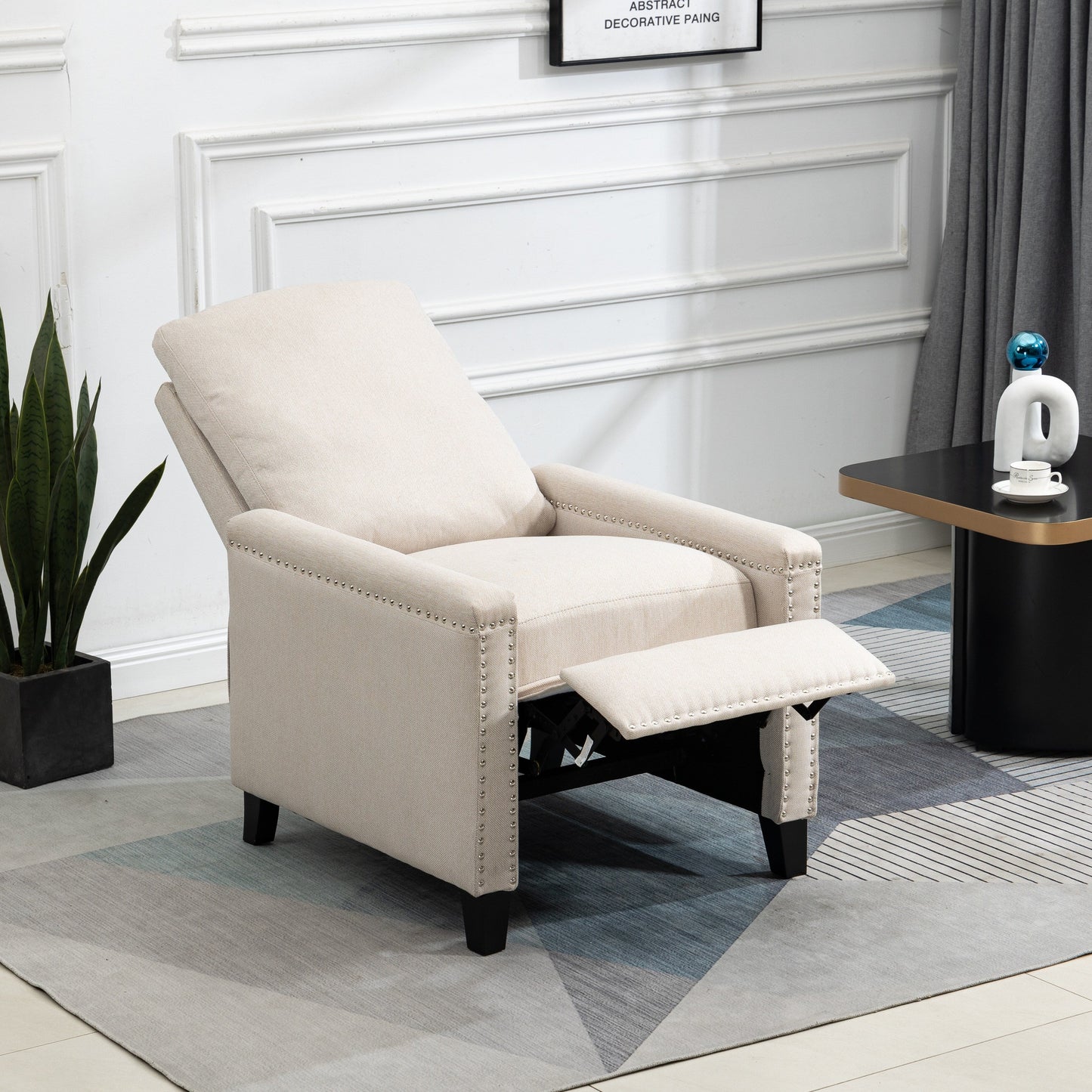 Fauteuil inclinable manuel moderne en velours avec coussins et décoration cloutée