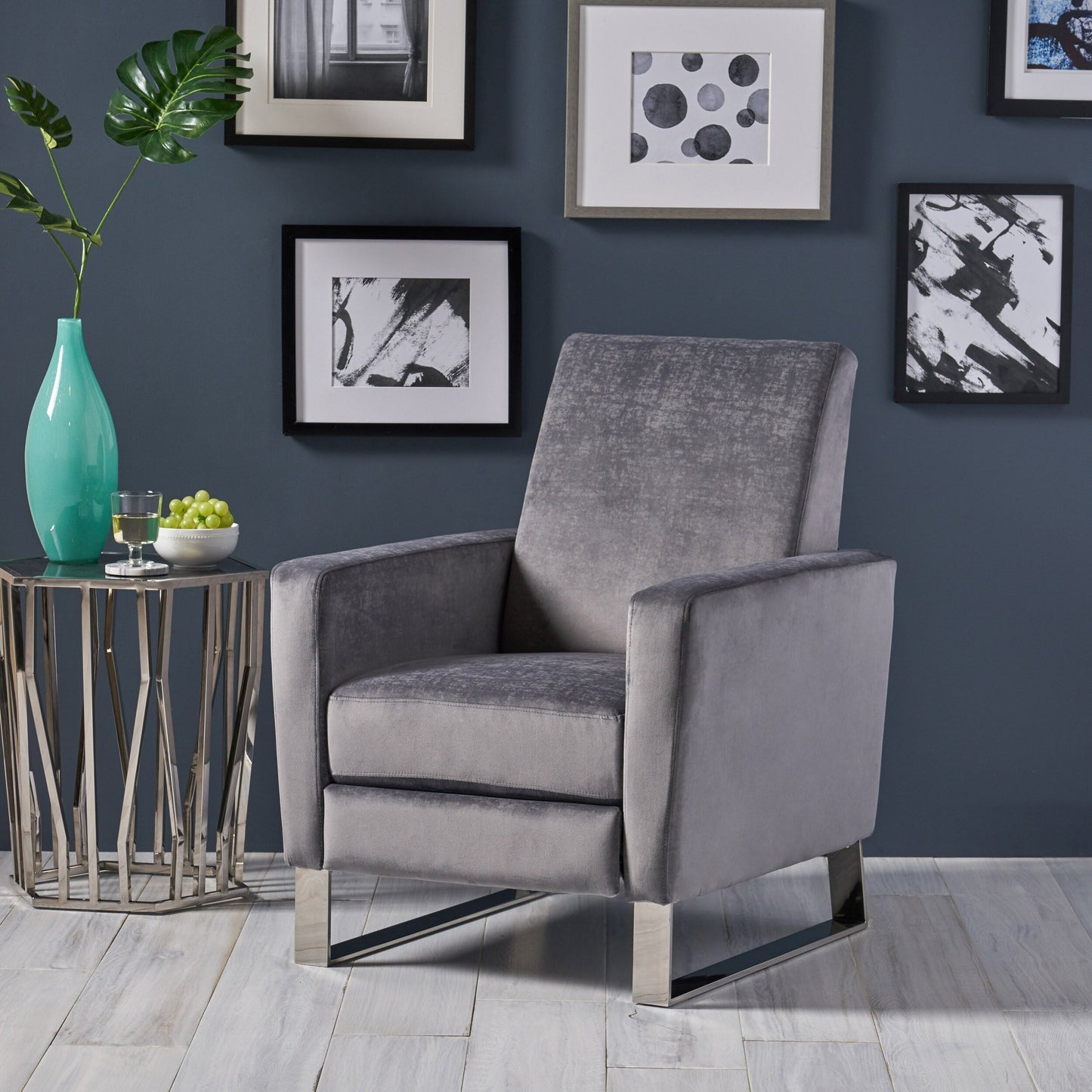 Fauteuil inclinable moderne rembourré en velours avec repose-pieds et pieds en acier inoxydable
