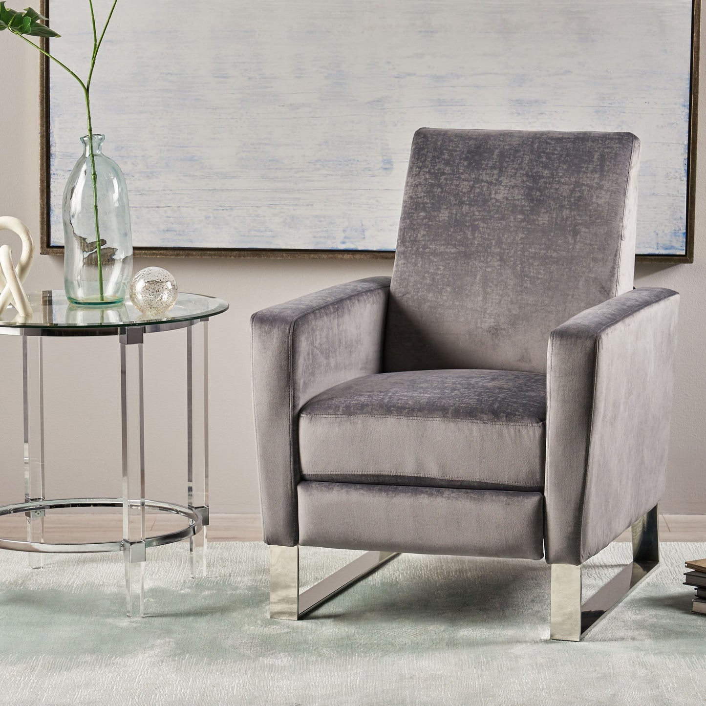 Fauteuil inclinable moderne rembourré en velours avec repose-pieds et pieds en acier inoxydable