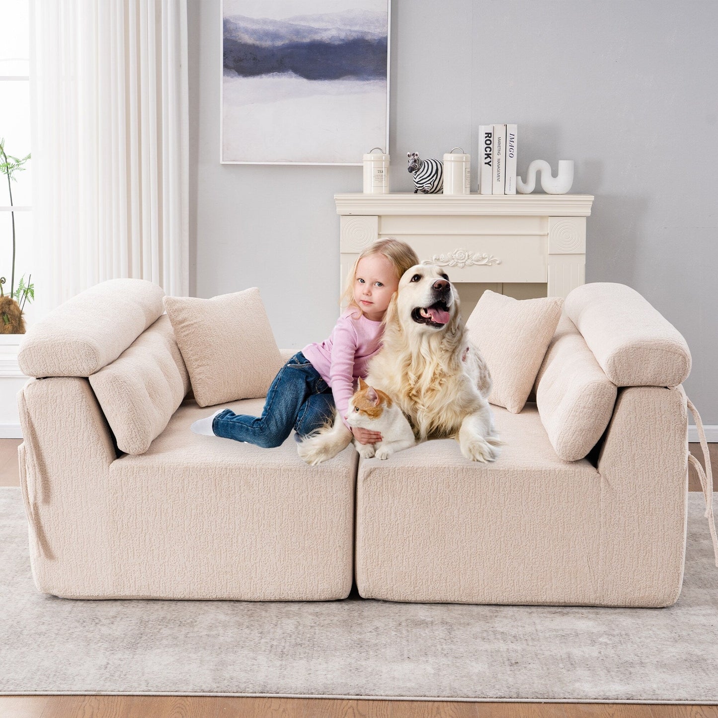 Canapé modulaire 4 places en chenille à grain de bois moderne avec 2 oreillers pour salon et appartement