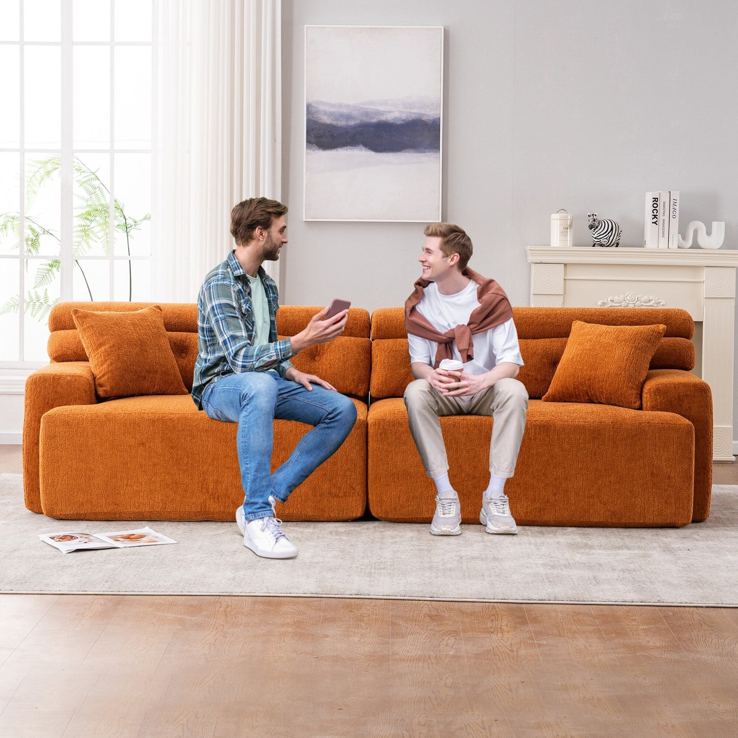 Canapé modulaire 4 places en chenille à grain de bois moderne avec 2 oreillers pour salon et appartement