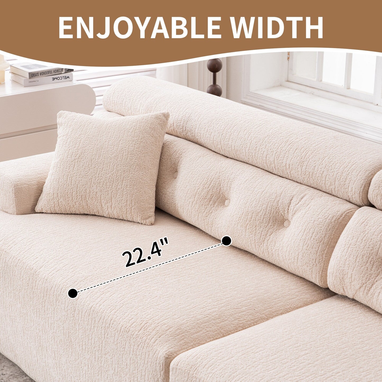 Canapé modulaire 4 places en chenille à grain de bois moderne avec 2 oreillers pour salon et appartement