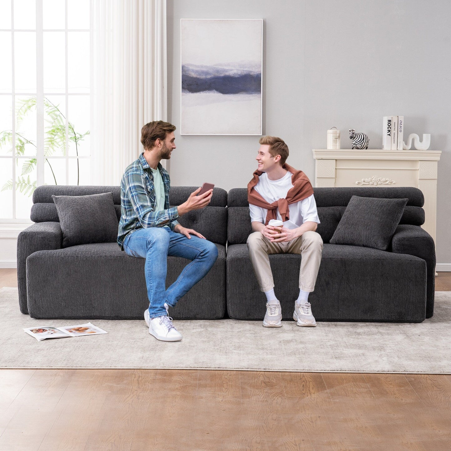 Canapé modulaire 4 places en chenille à grain de bois moderne avec 2 oreillers pour salon et appartement