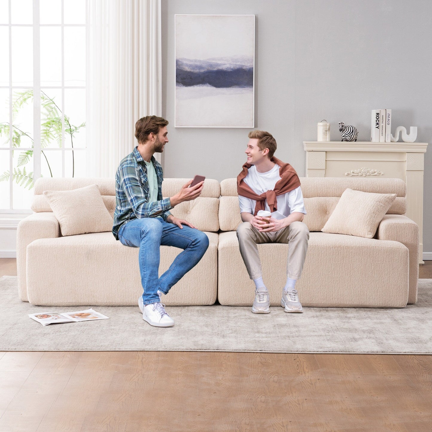 Canapé modulaire 4 places en chenille à grain de bois moderne avec 2 oreillers pour salon et appartement