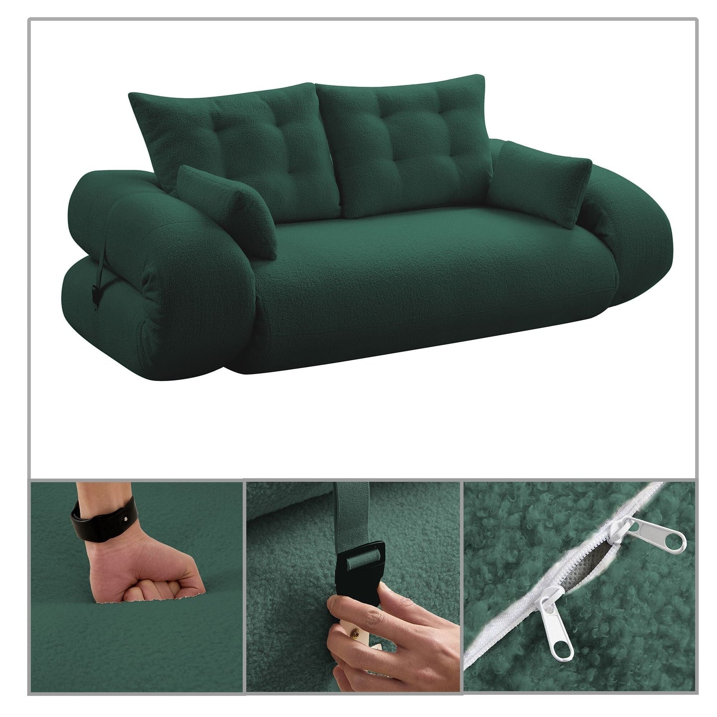 Canapé-lit convertible sans cadre de style moderne avec coussins et oreillers lombaires, rembourrage en mousse haute résilience