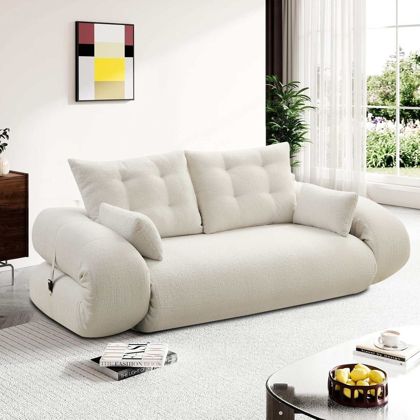 Canapé-lit convertible sans cadre de style moderne avec coussins et oreillers lombaires, rembourrage en mousse haute résilience