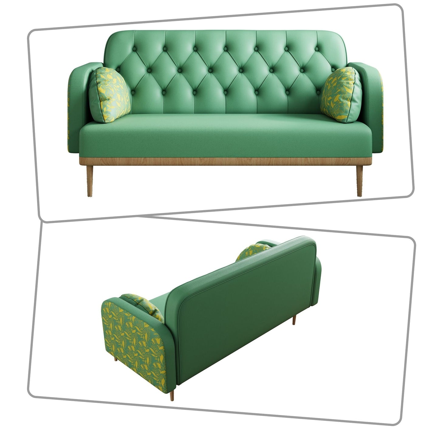 Canapé deux places de style moderne avec pieds en bois et coussins en forme de boulette, accoudoirs à motifs