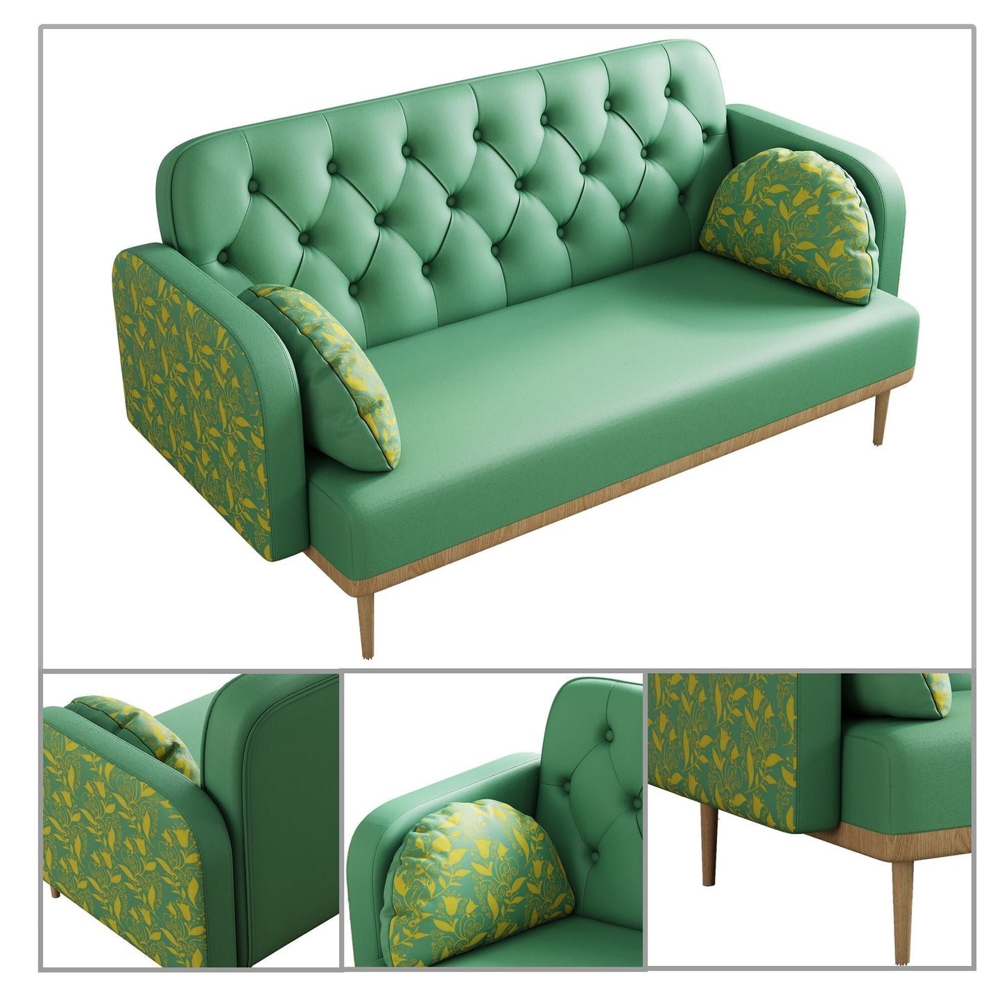 Canapé deux places de style moderne avec pieds en bois et coussins en forme de boulette, accoudoirs à motifs