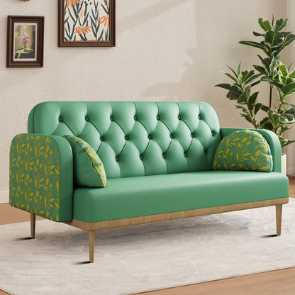 Canapé deux places de style moderne avec pieds en bois et coussins en forme de boulette, accoudoirs à motifs