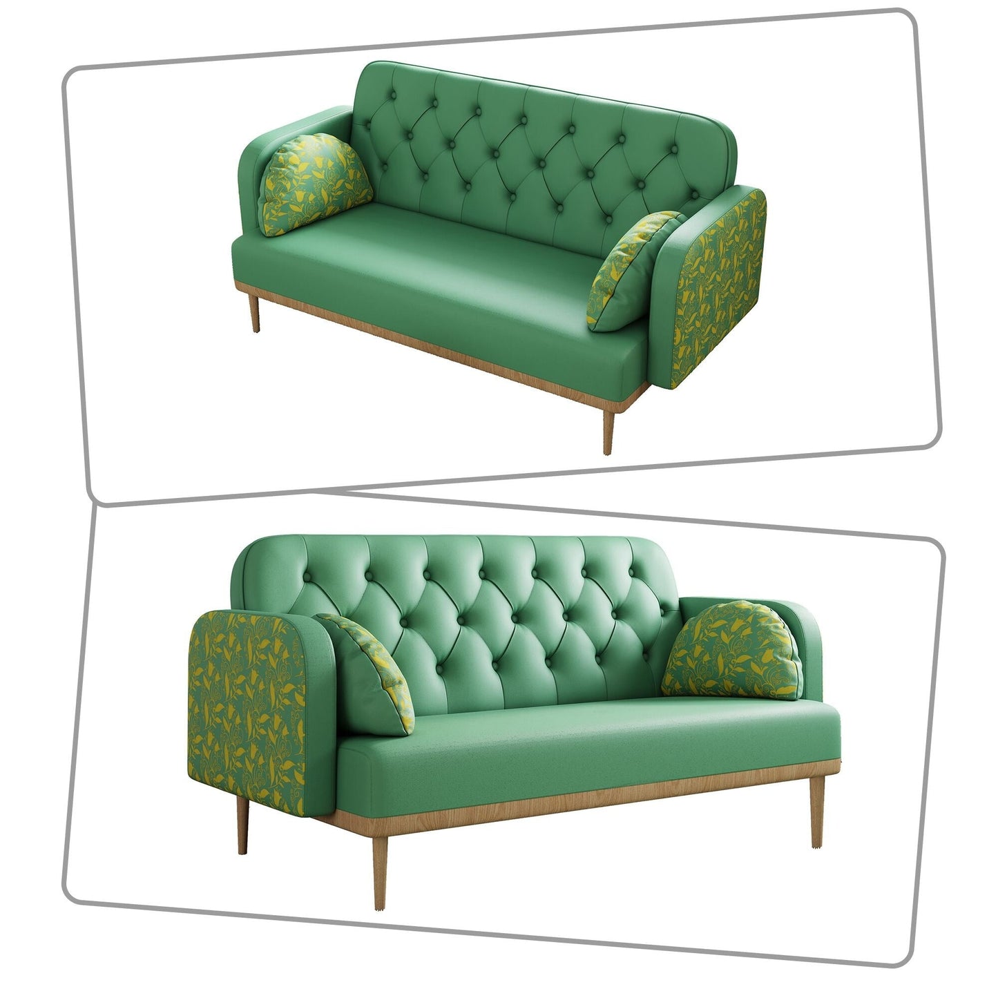 Canapé deux places de style moderne avec pieds en bois et coussins en forme de boulette, accoudoirs à motifs