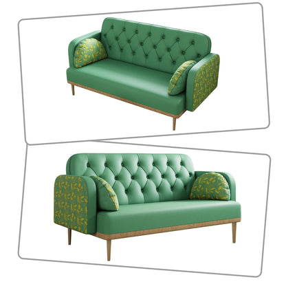 Canapé deux places de style moderne avec pieds en bois et coussins en forme de boulette, accoudoirs à motifs