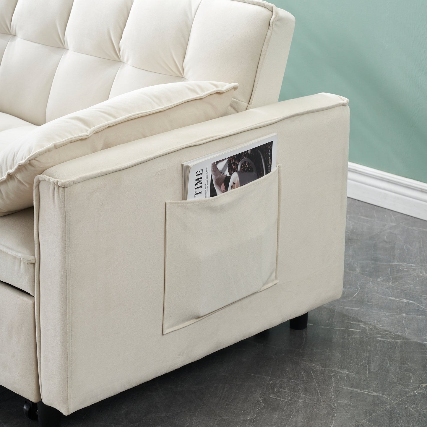 Canapé moderne en velours, canapé-lit gigogne, petit canapé décontracté avec dossier, poches, canapé-lit convertible 3 en 1.