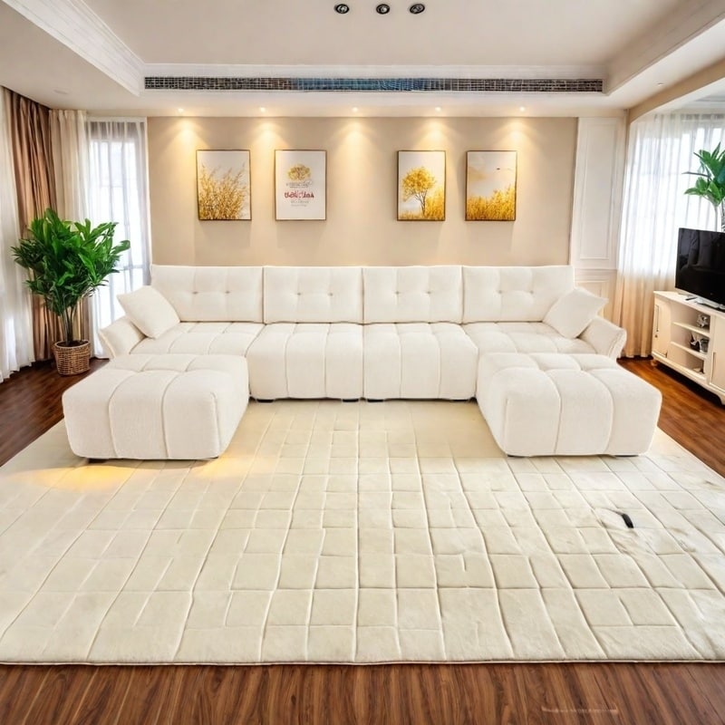 Ensemble de canapés modulaires 4 places en chenille avec 2 poufs, coussins haute résilience et cadre en bois massif