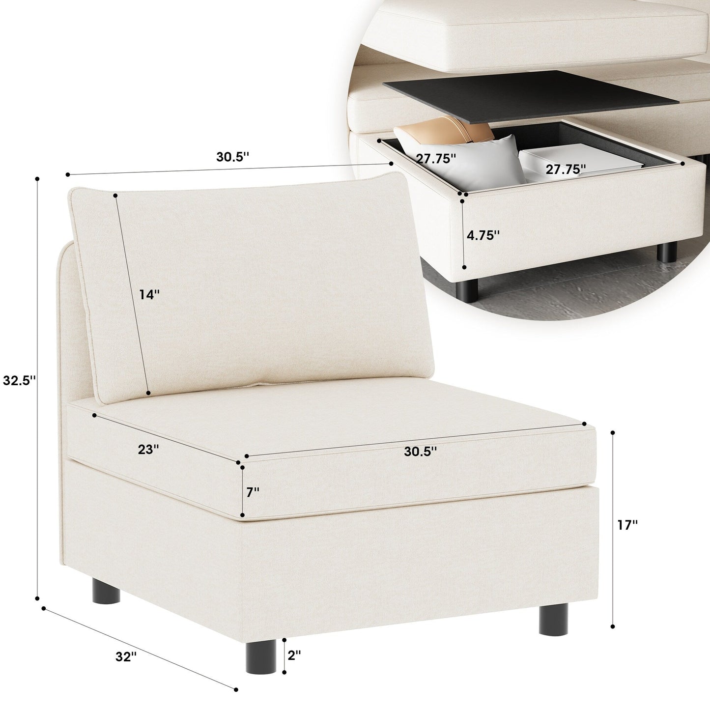 Canapé modulaire en tissu sans accoudoirs, convertible, sectionnel, avec rangement dissimulé, pour salon