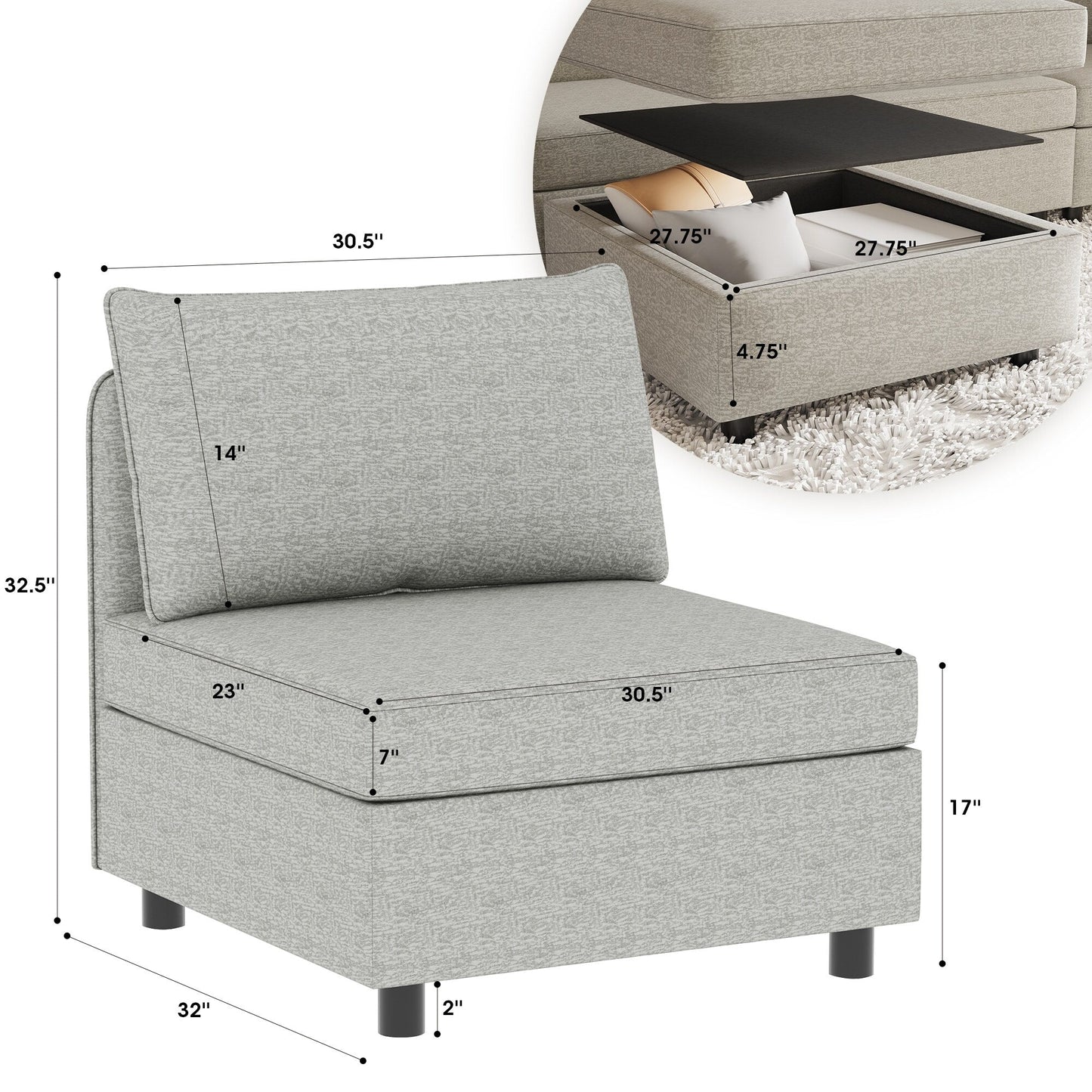 Canapé modulaire en tissu sans accoudoirs, convertible, sectionnel, avec rangement dissimulé, pour salon