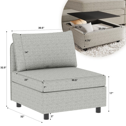 Canapé modulaire en tissu sans accoudoirs, convertible, sectionnel, avec rangement dissimulé, pour salon