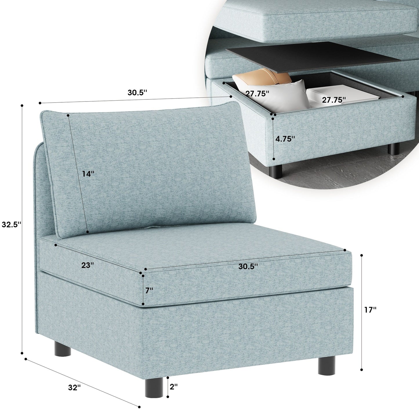 Canapé modulaire en tissu sans accoudoirs, convertible, sectionnel, avec rangement dissimulé, pour salon