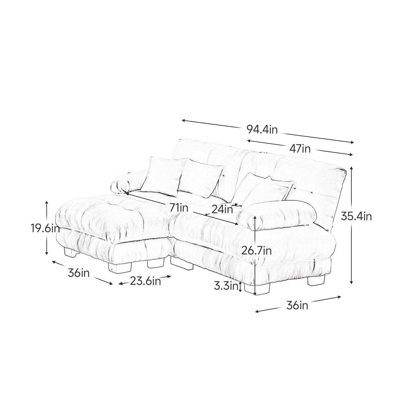 Canapé modulaire 2 places Cloud en chenille avec pouf convertible et coussins lombaires pour le salon