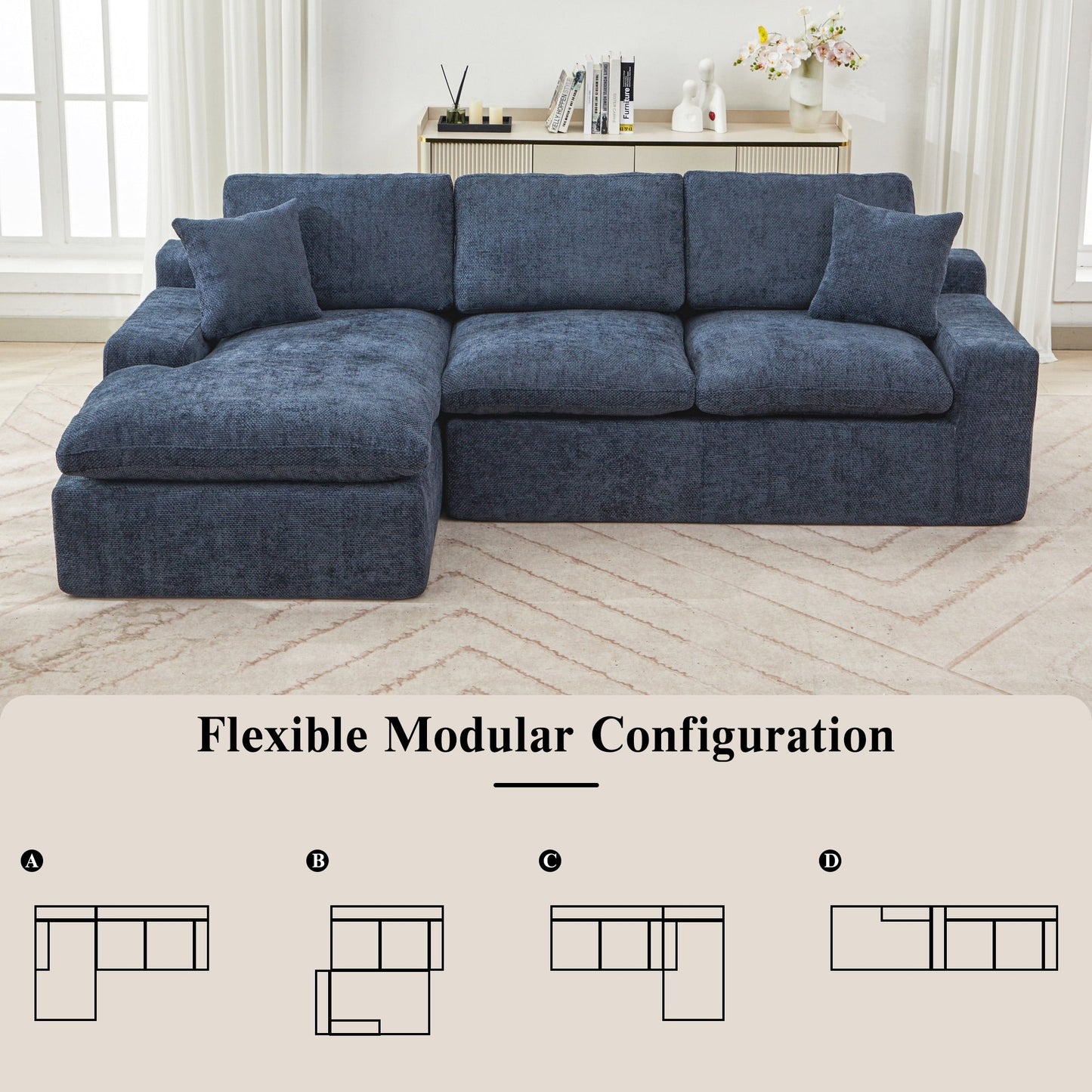 Canapé modulaire Cloud en chenille avec coussins double épaisseur, rangement latéral et oreillers assortis pour le salon