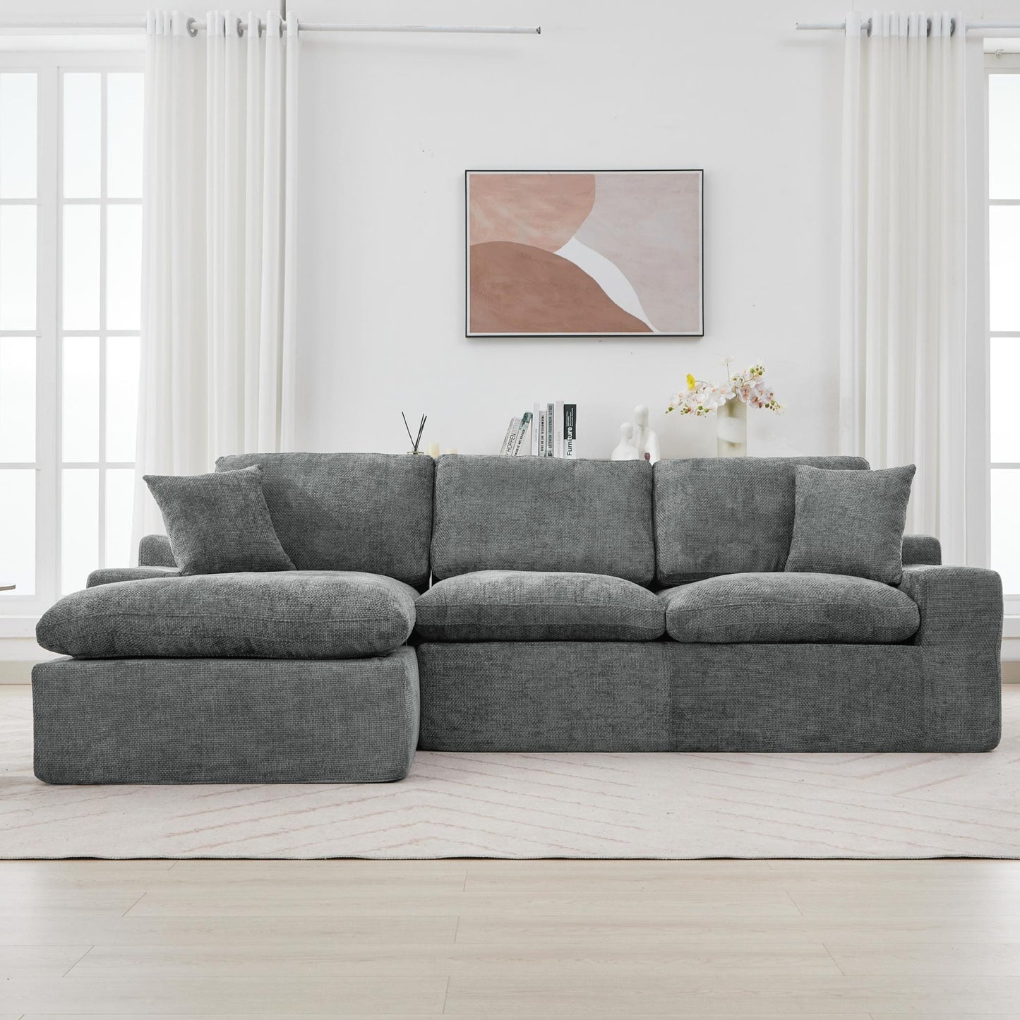 Canapé modulaire Cloud en chenille avec coussins double épaisseur, rangement latéral et oreillers assortis pour le salon
