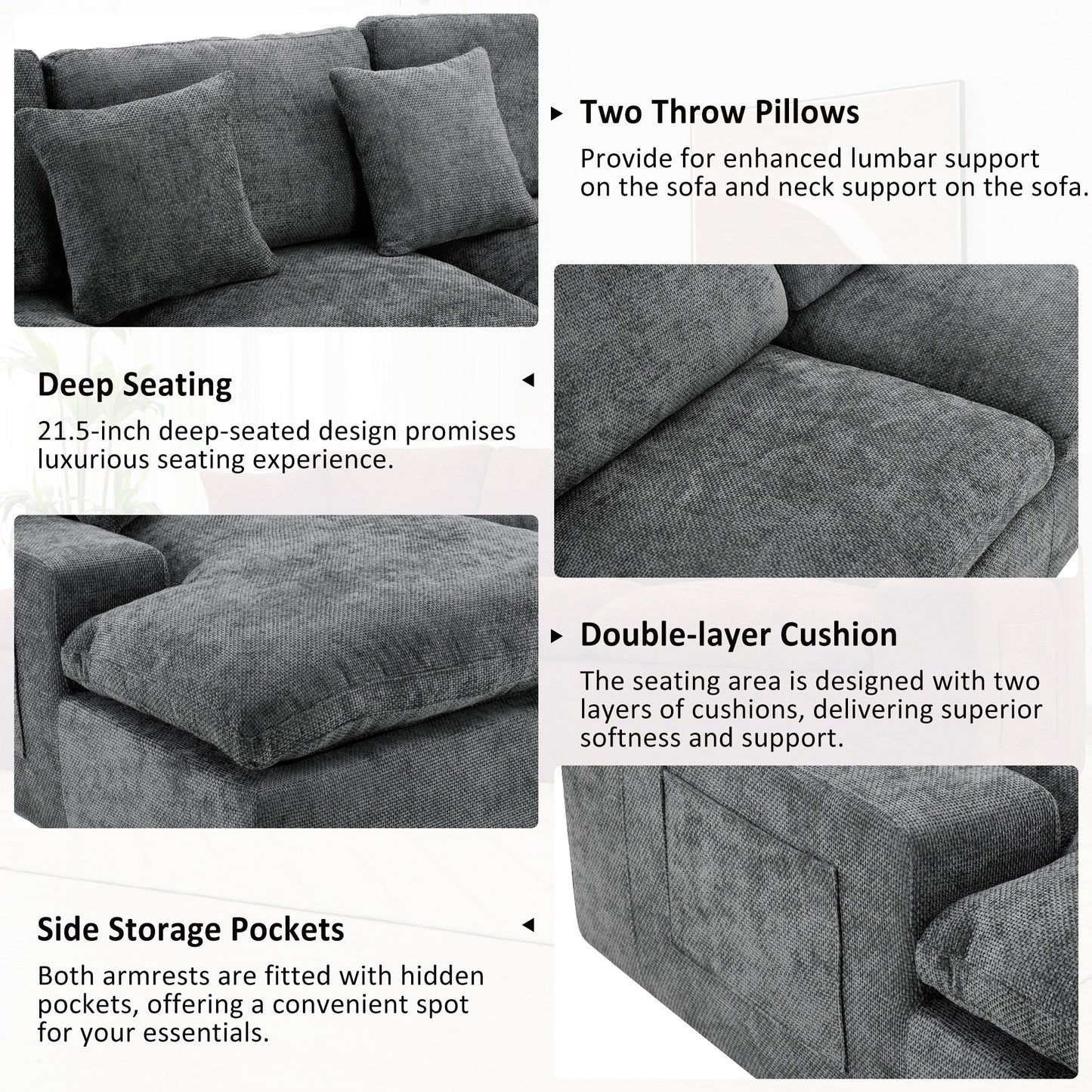 Canapé modulaire Cloud en chenille avec coussins double épaisseur, rangement latéral et oreillers assortis pour le salon