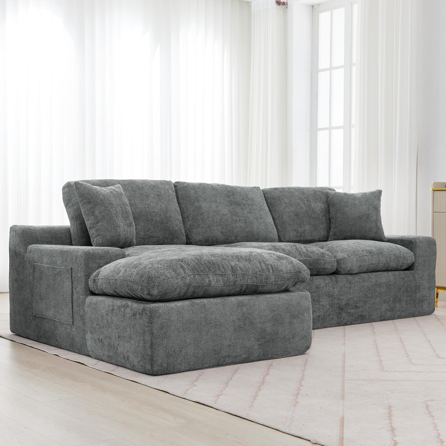 Canapé modulaire Cloud en chenille avec coussins double épaisseur, rangement latéral et oreillers assortis pour le salon