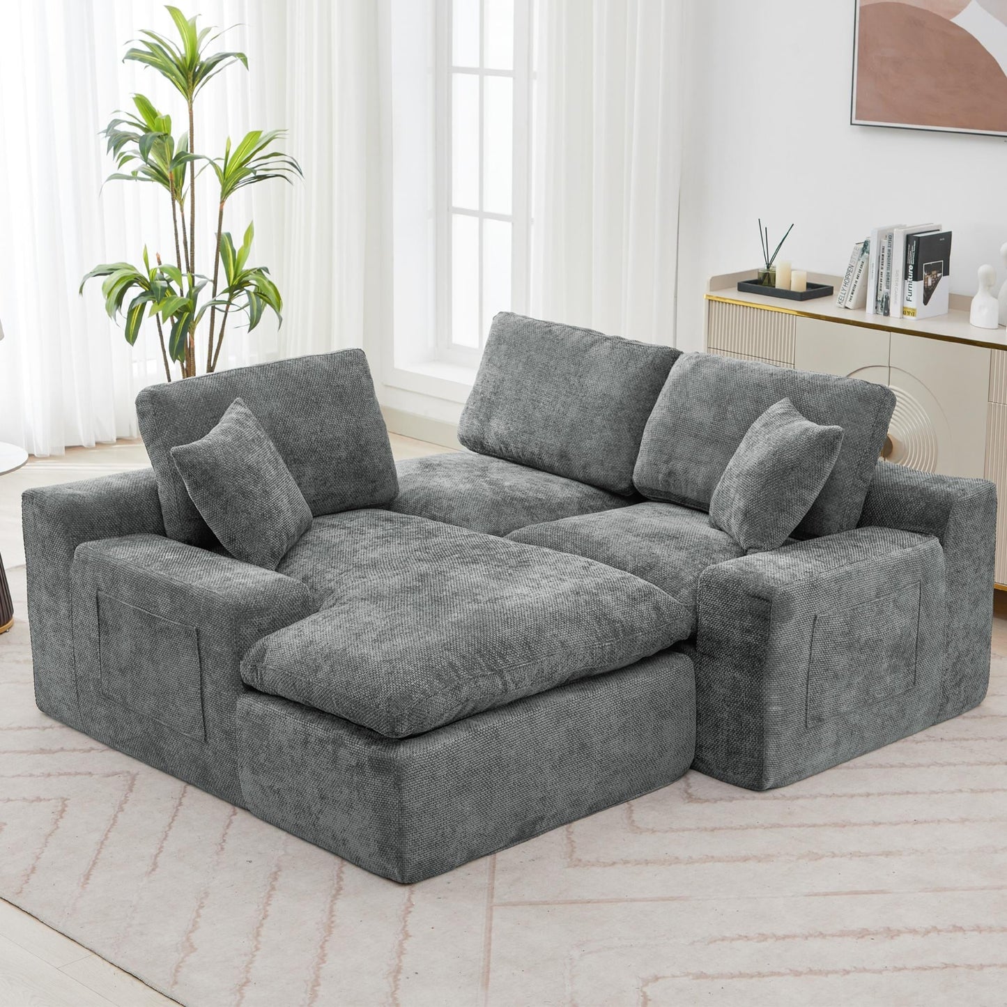 Canapé modulaire Cloud en chenille avec coussins double épaisseur, rangement latéral et oreillers assortis pour le salon