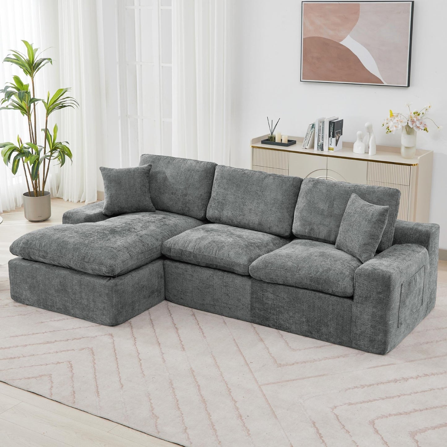 Canapé modulaire Cloud en chenille avec coussins double épaisseur, rangement latéral et oreillers assortis pour le salon