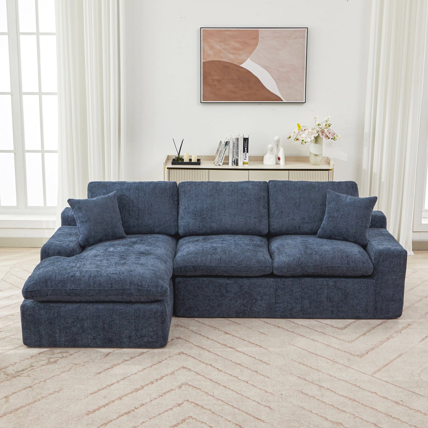 Canapé modulaire Cloud en chenille avec coussins double épaisseur, rangement latéral et oreillers assortis pour le salon