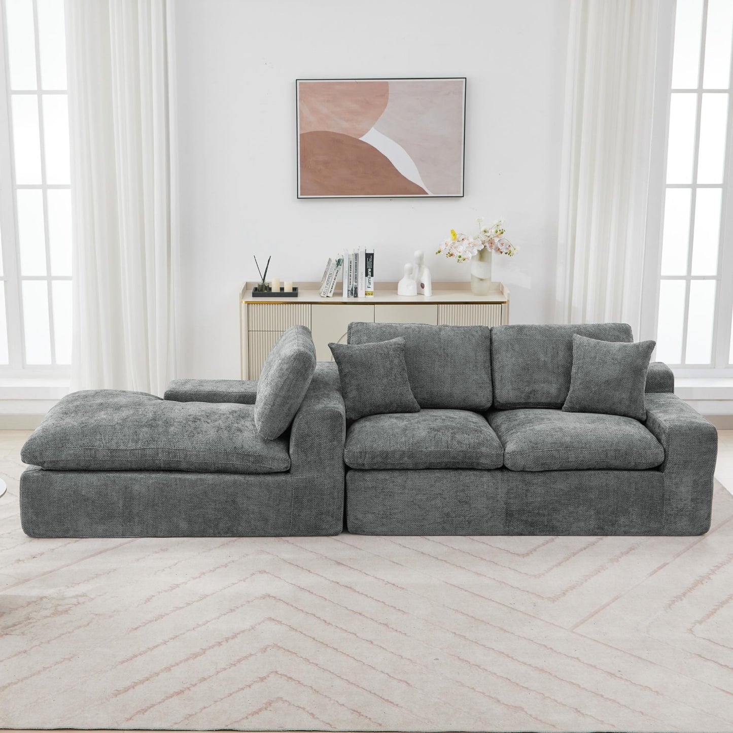 Canapé modulaire Cloud en chenille avec coussins double épaisseur, rangement latéral et oreillers assortis pour le salon