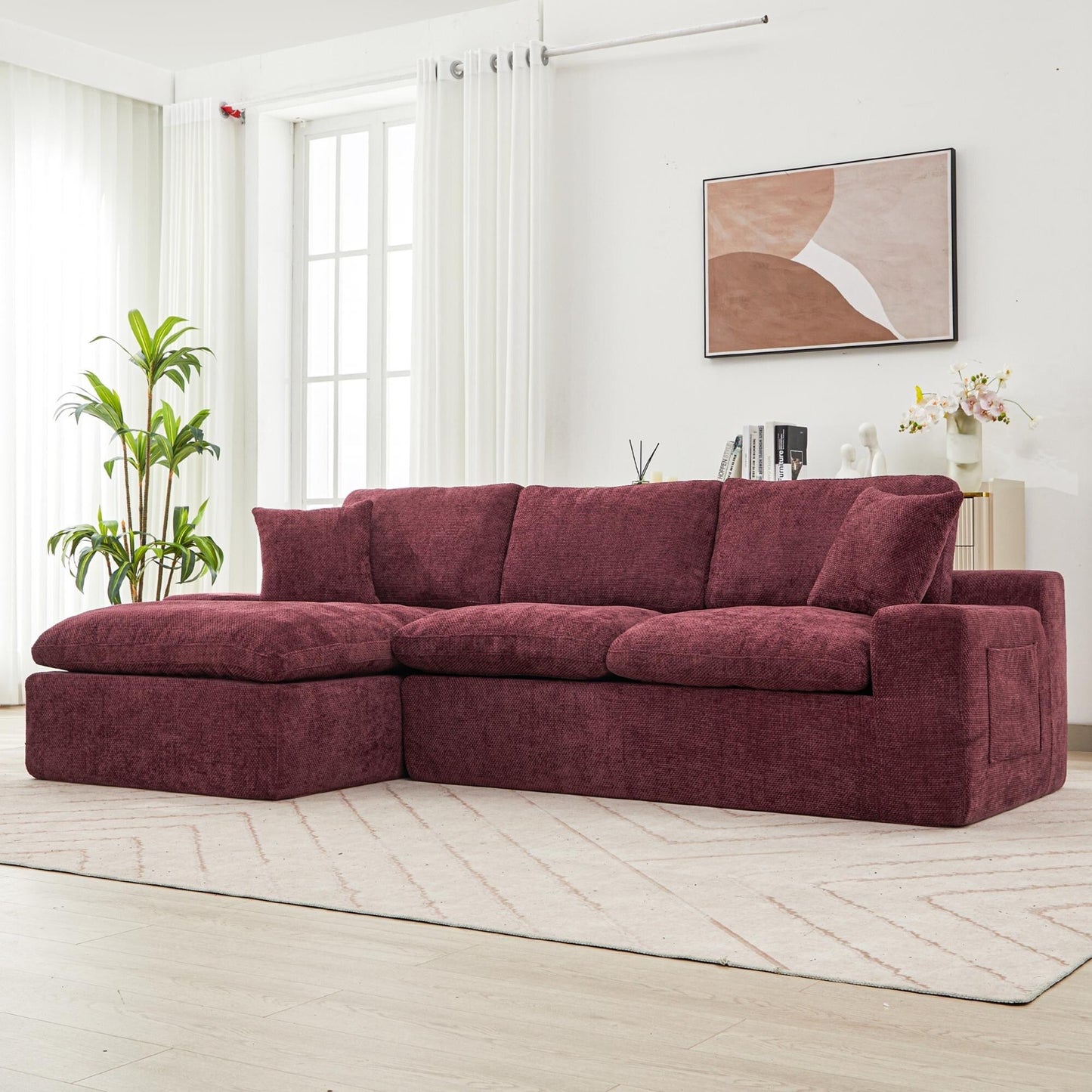 Canapé modulaire Cloud en chenille avec coussins double épaisseur, rangement latéral et oreillers assortis pour le salon