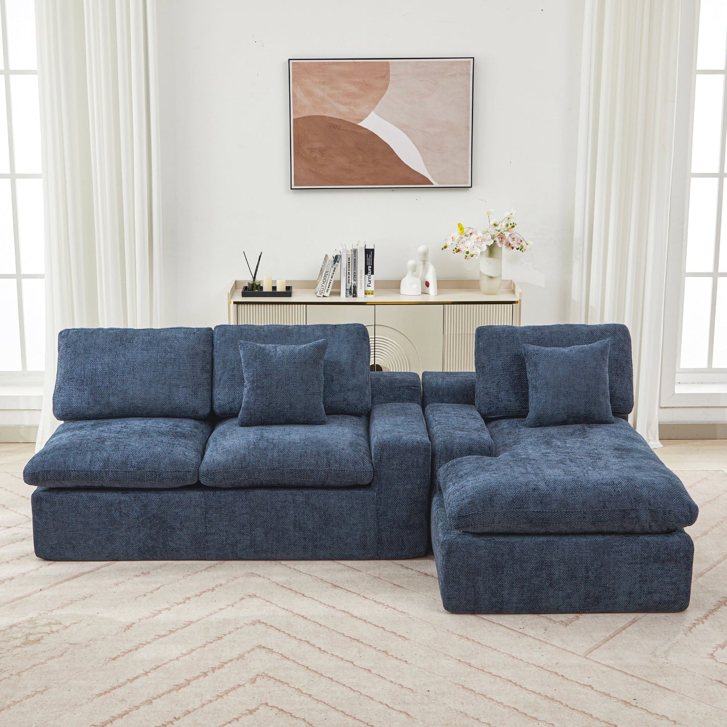 Canapé modulaire Cloud en chenille avec coussins double épaisseur, rangement latéral et oreillers assortis pour le salon