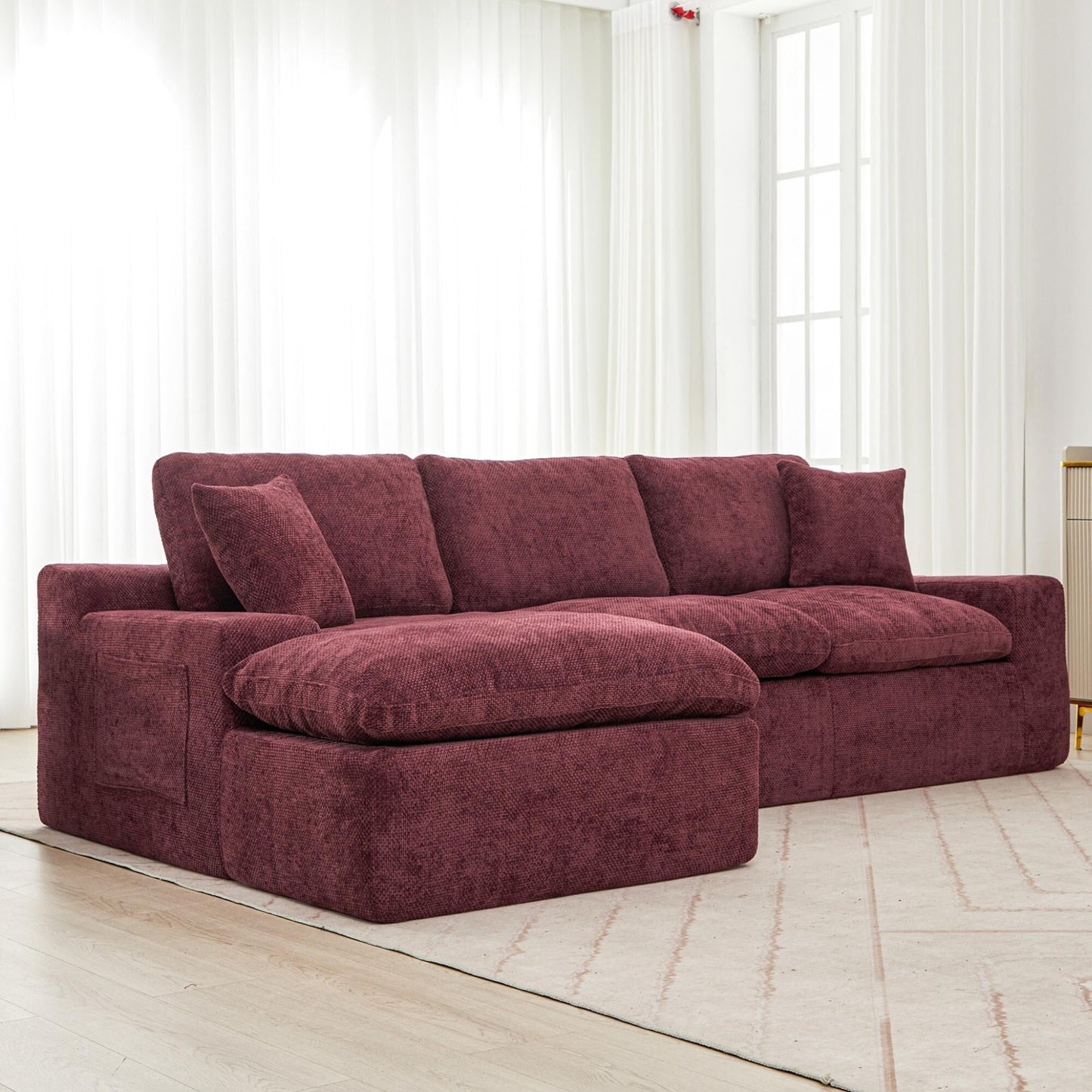 Canapé modulaire Cloud en chenille avec coussins double épaisseur, rangement latéral et oreillers assortis pour le salon