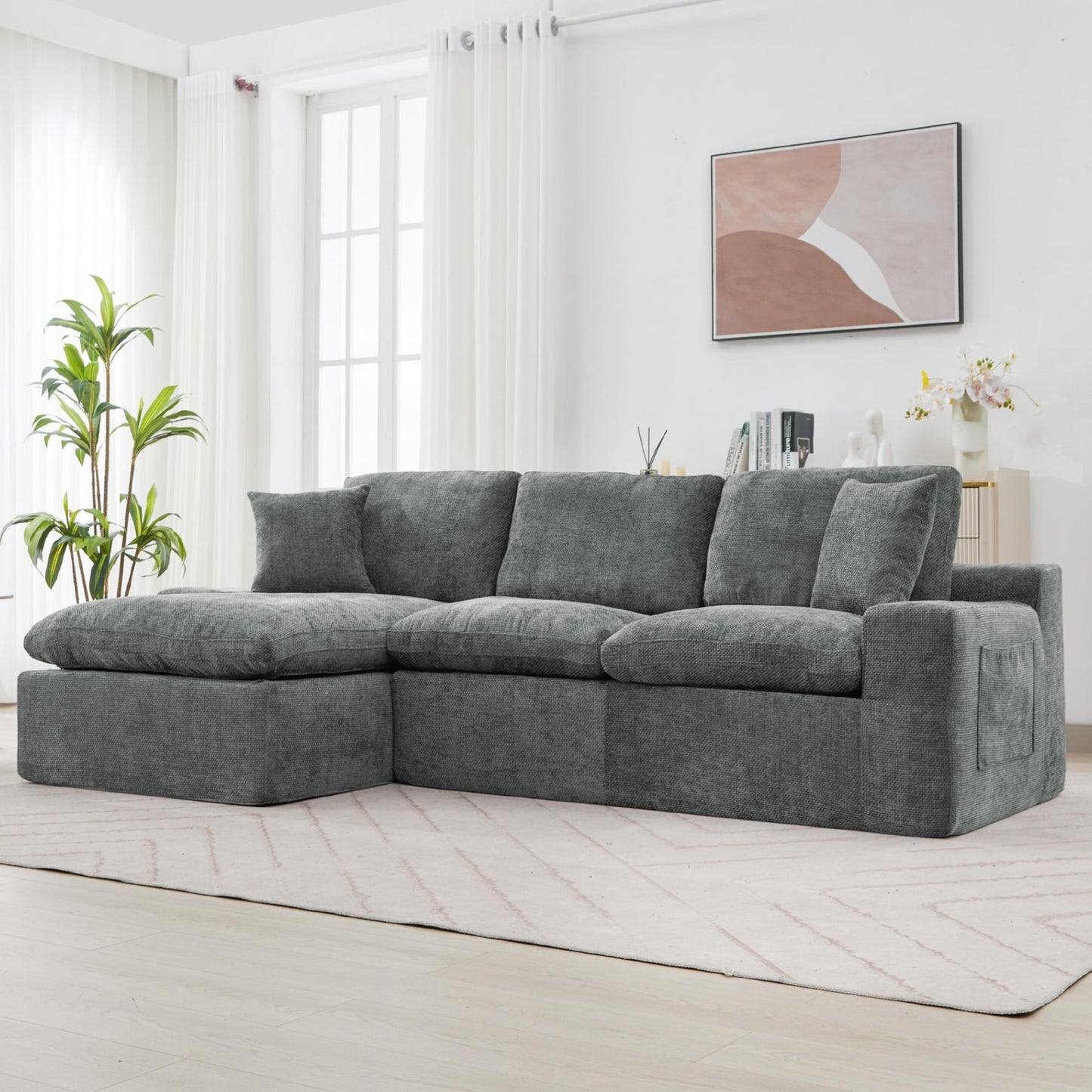 Canapé modulaire Cloud en chenille avec coussins double épaisseur, rangement latéral et oreillers assortis pour le salon