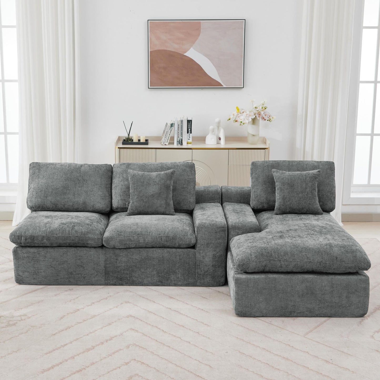 Canapé modulaire Cloud en chenille avec coussins double épaisseur, rangement latéral et oreillers assortis pour le salon