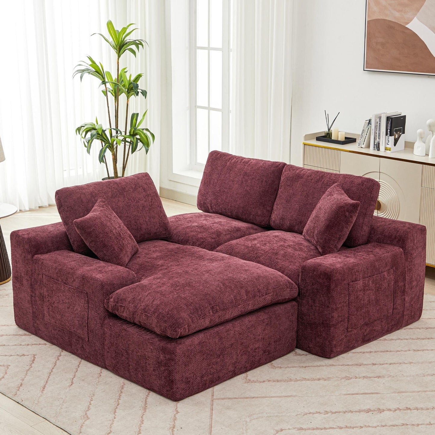 Canapé modulaire Cloud en chenille avec coussins double épaisseur, rangement latéral et oreillers assortis pour le salon