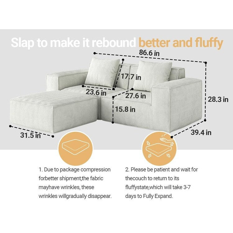 Canapé convertible modulable 2 places avec repose-pieds en velours blanc nuage