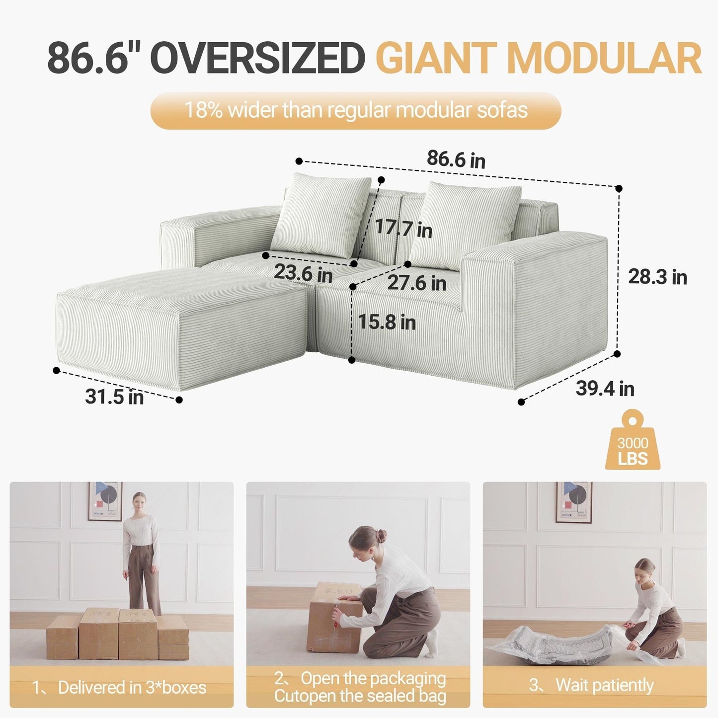 Canapé convertible modulable 2 places avec repose-pieds en velours blanc nuage