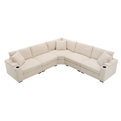 Canapé modulable en velours côtelé en forme de L avec accoudoirs, rangement, ports USB et porte-gobelets pour salon et appartement