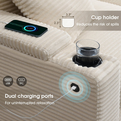 Canapé modulable en velours côtelé en forme de L avec accoudoirs, rangement, ports USB et porte-gobelets pour salon et appartement