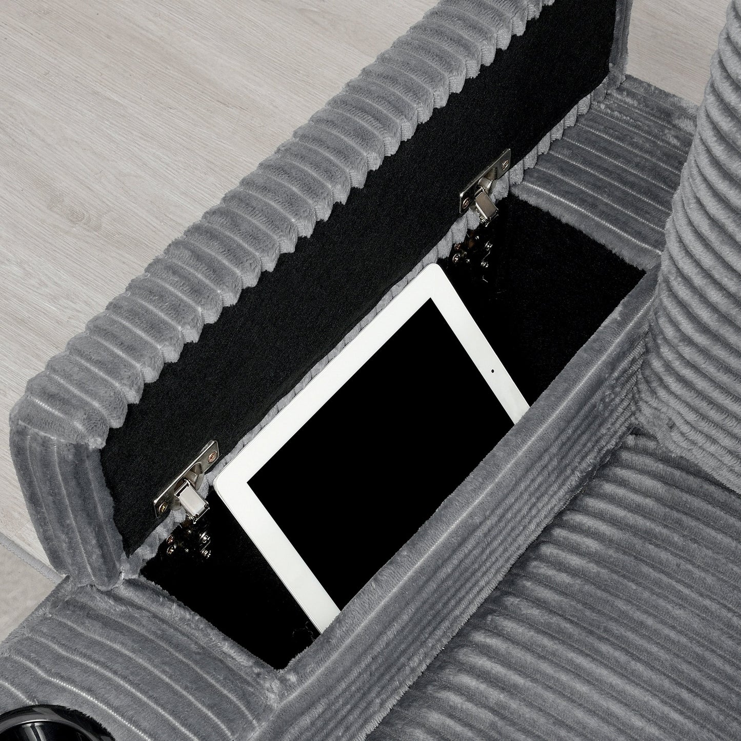 Canapé modulable en velours côtelé en forme de L avec accoudoirs, rangement, ports USB et porte-gobelets pour salon et appartement