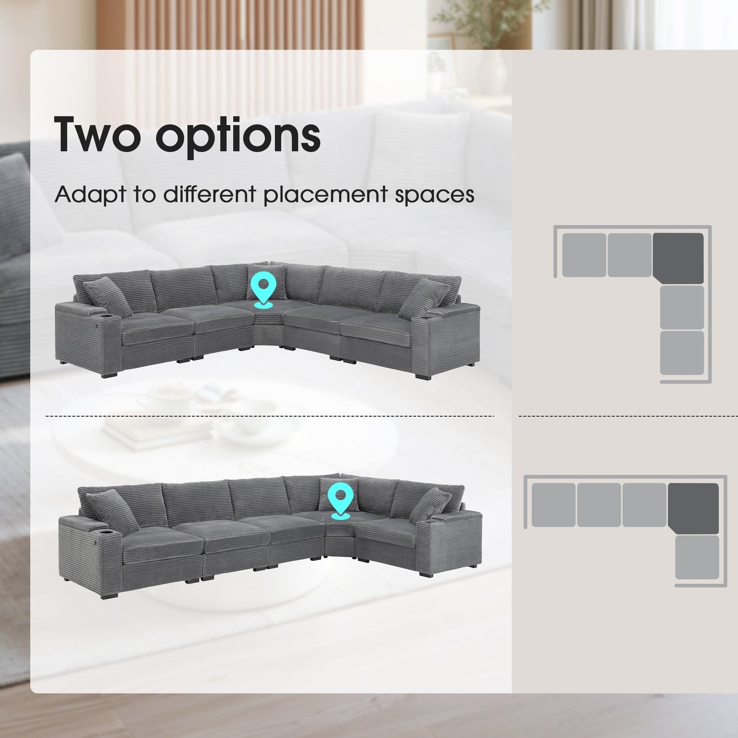 Canapé modulable en velours côtelé en forme de L avec accoudoirs, rangement, ports USB et porte-gobelets pour salon et appartement