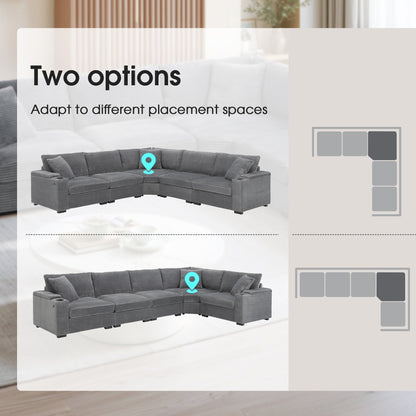 Canapé modulable en velours côtelé en forme de L avec accoudoirs, rangement, ports USB et porte-gobelets pour salon et appartement