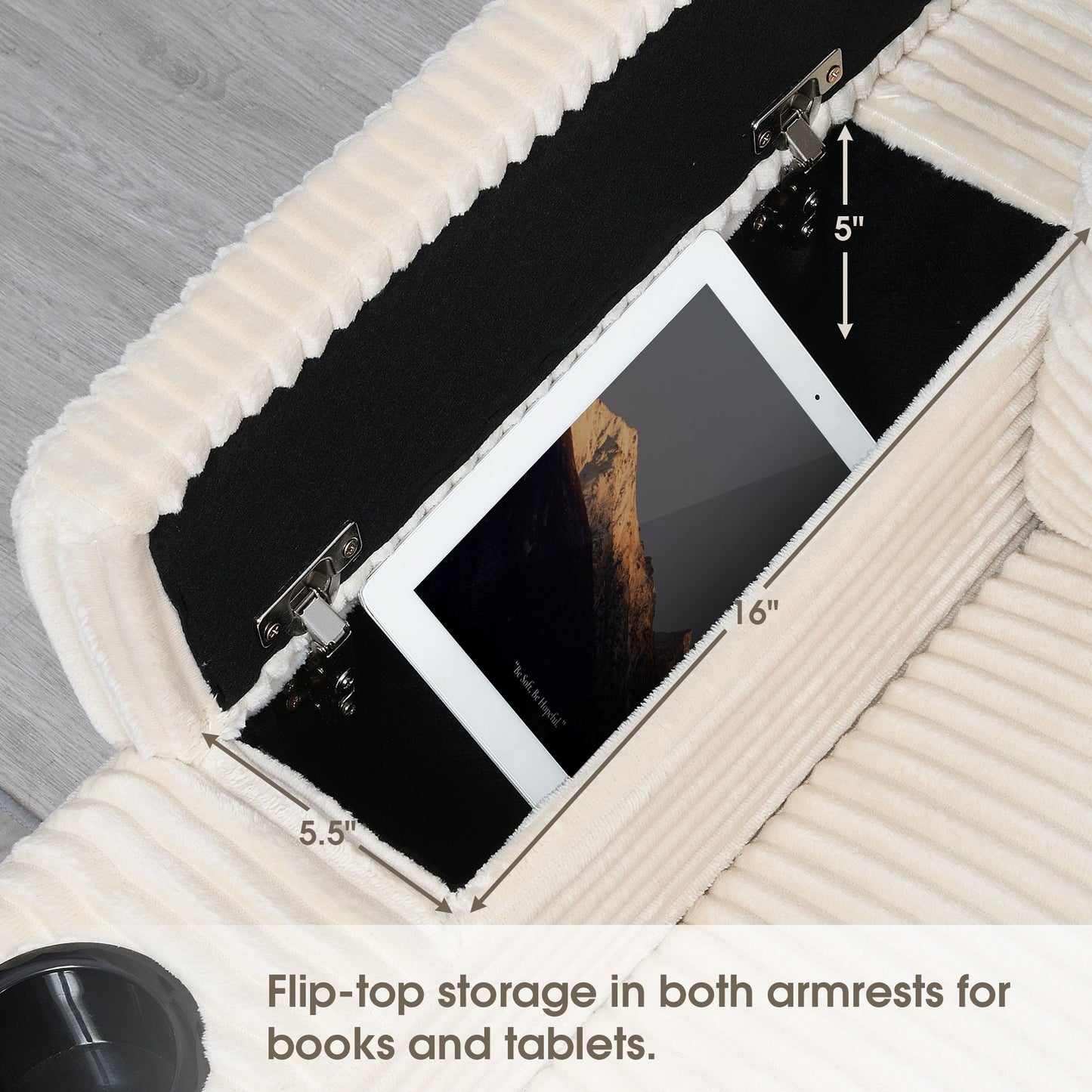 Canapé modulable en velours côtelé en forme de L avec accoudoirs, rangement, ports USB et porte-gobelets pour salon et appartement