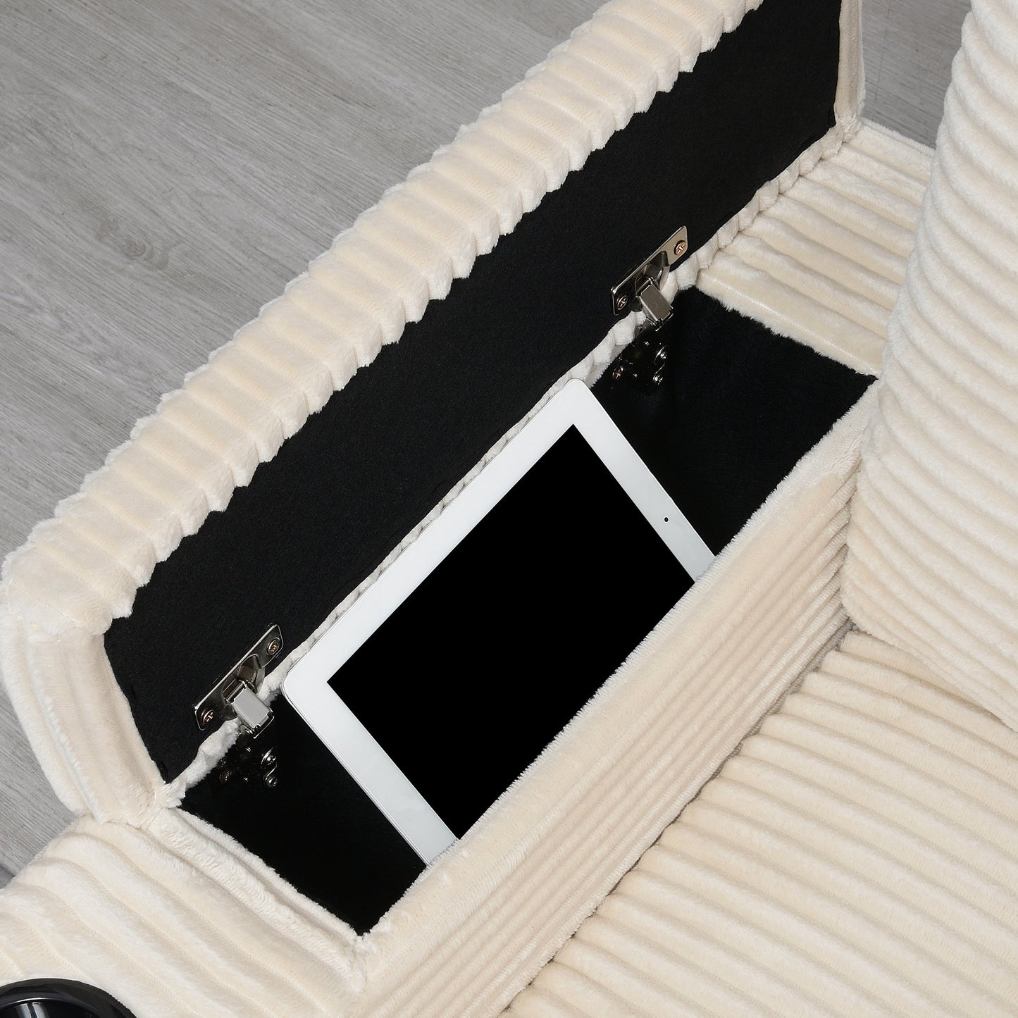 Canapé modulable en velours côtelé en forme de L avec accoudoirs, rangement, ports USB et porte-gobelets pour salon et appartement