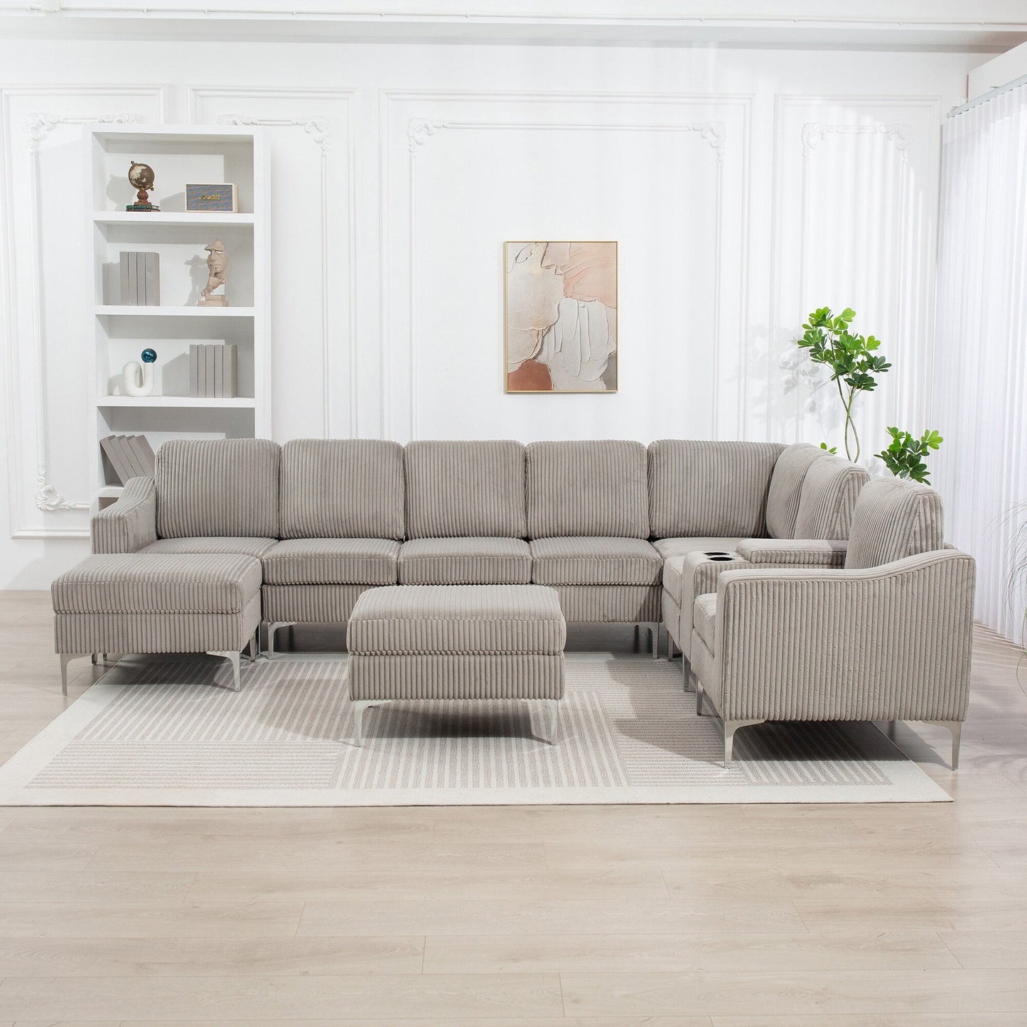 Canapé modulable en velours côtelé 6 places convertible avec ports USB, poufs de rangement et porte-gobelet pour le salon