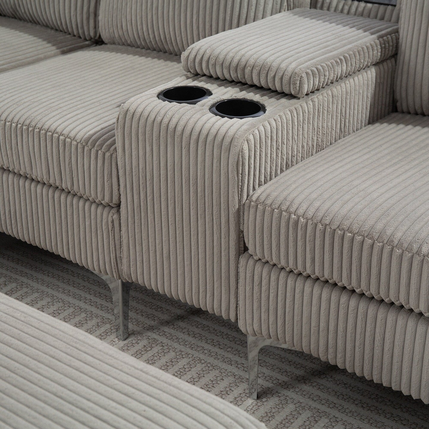 Canapé modulable en velours côtelé 6 places convertible avec ports USB, poufs de rangement et porte-gobelet pour le salon