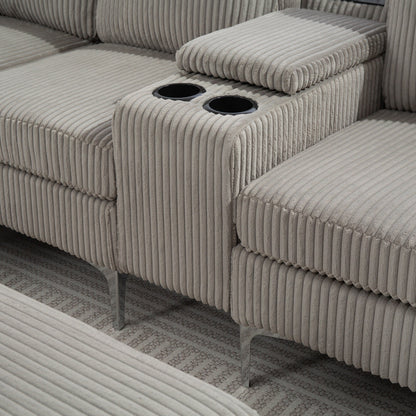 Canapé modulable en velours côtelé 6 places convertible avec ports USB, poufs de rangement et porte-gobelet pour le salon