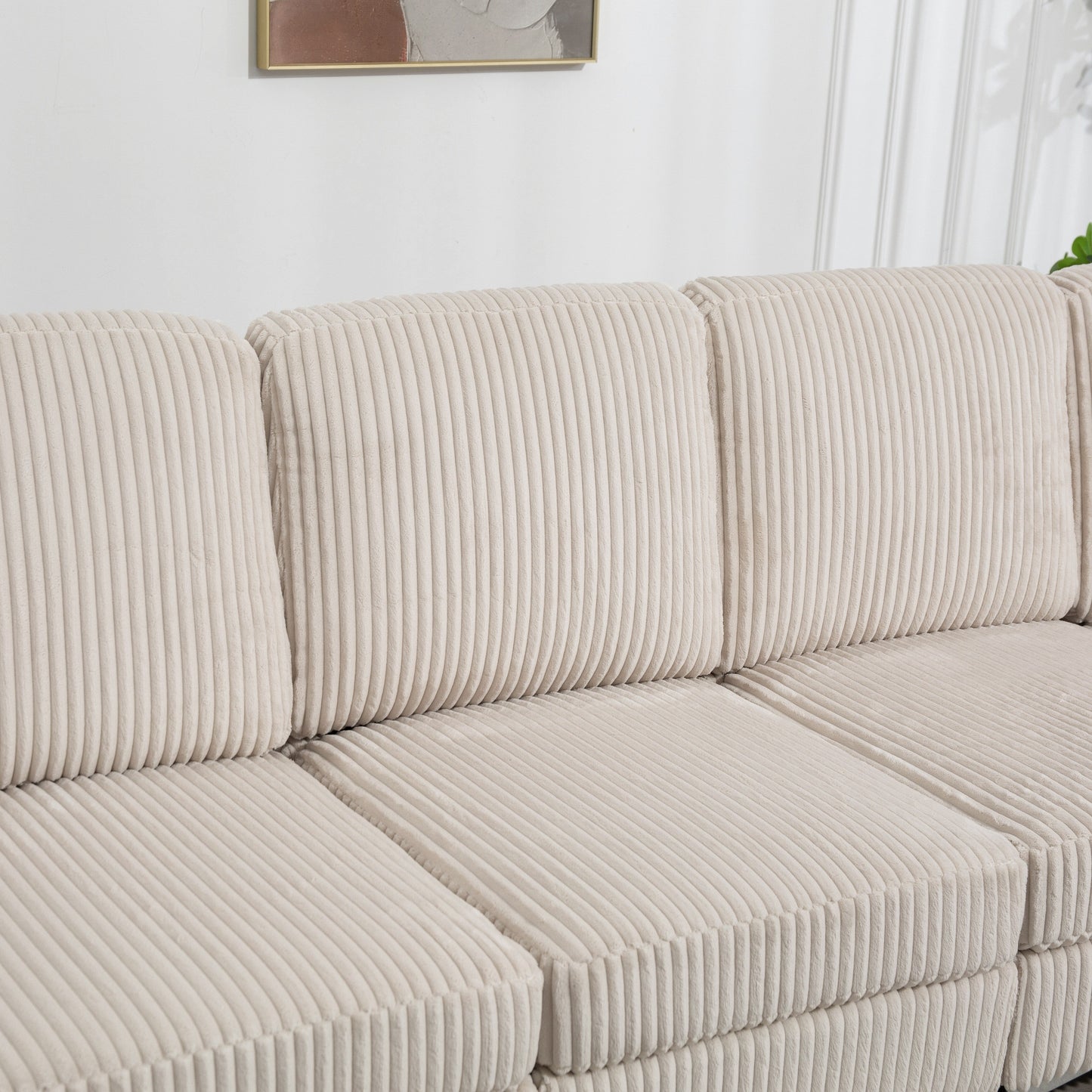 Canapé modulable en velours côtelé 6 places convertible avec ports USB, poufs de rangement et porte-gobelet pour le salon